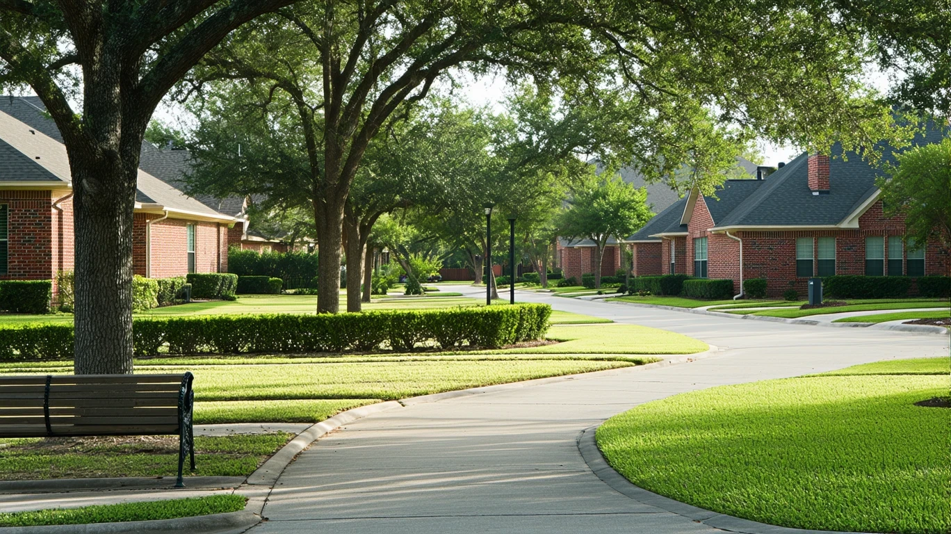 A view of a neighborhood park in Selma, Texas with trimmed hedges, a path, and a bench.