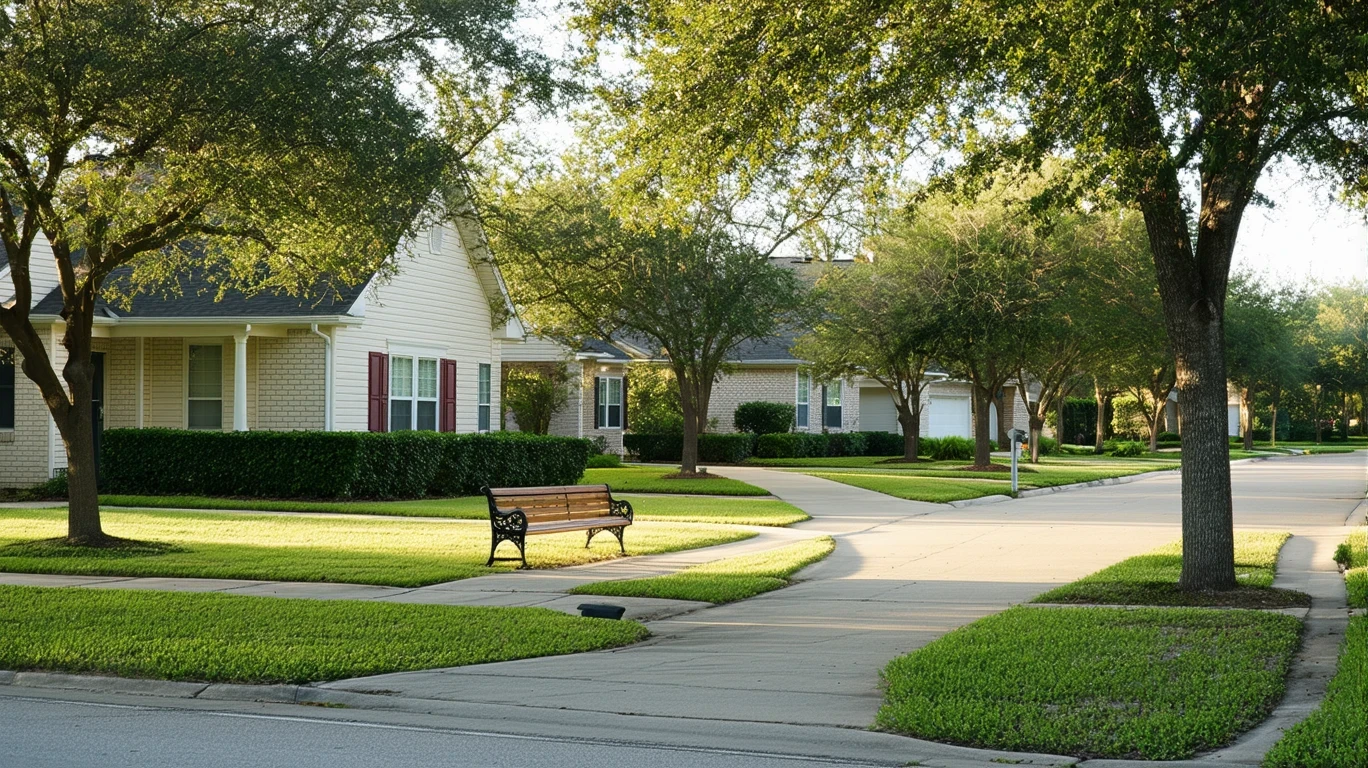 A tranquil view of a suburban neighborhood park in Selma, Texas with trimmed hedges, a path, and a bench surrounded by tidy homes and trees.