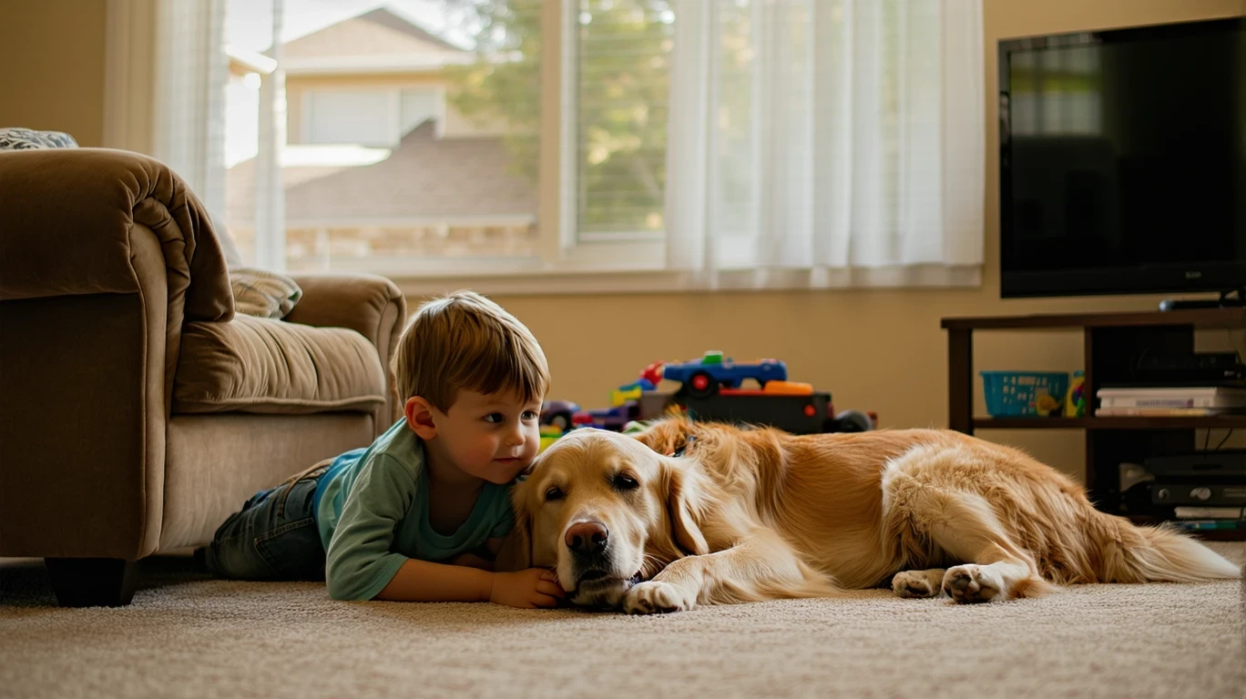 Two kids and a dog watching TV in a suburban living room.