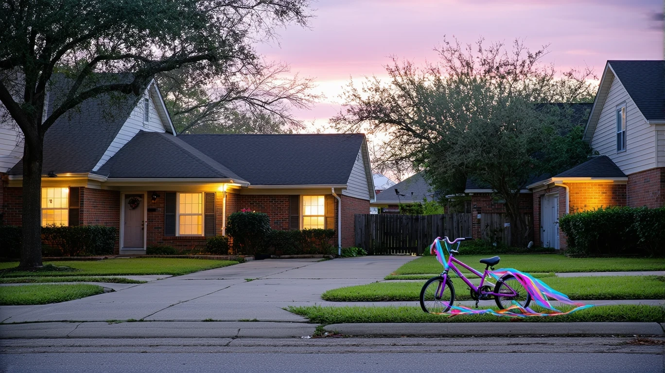 A suburban cul-de-sac at dusk, with a child's bicycle lying near the curb and porch lights turning on.