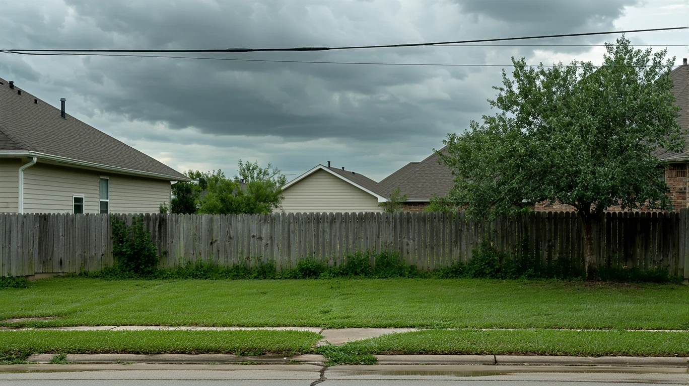 Overgrown backyard with power lines and leaning fence under stormy sky.
