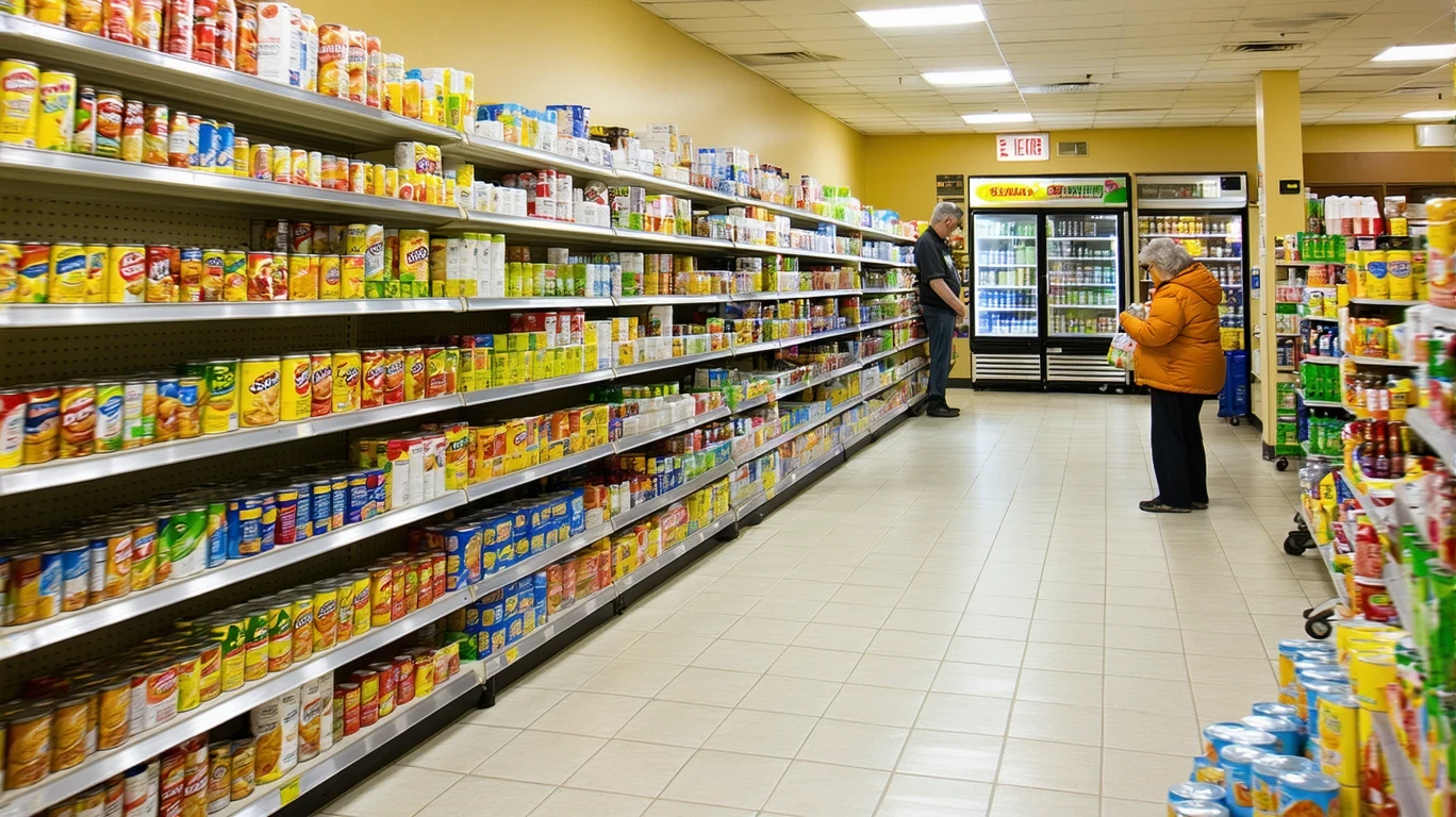 Canned goods on a shelf in a small grocery store in Selma, Texas.