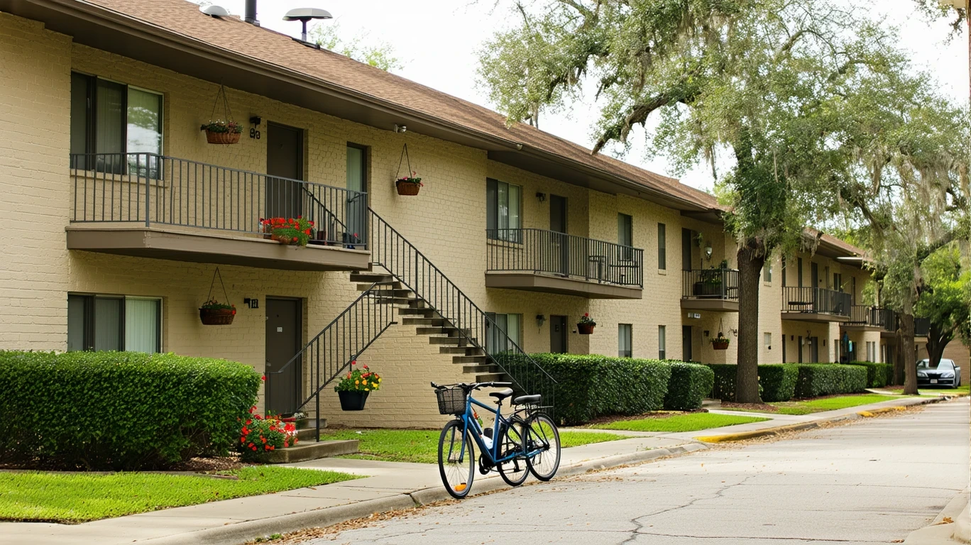 A small apartment building in Selma, TX with potted plants and bicycles outside on a sunny day.