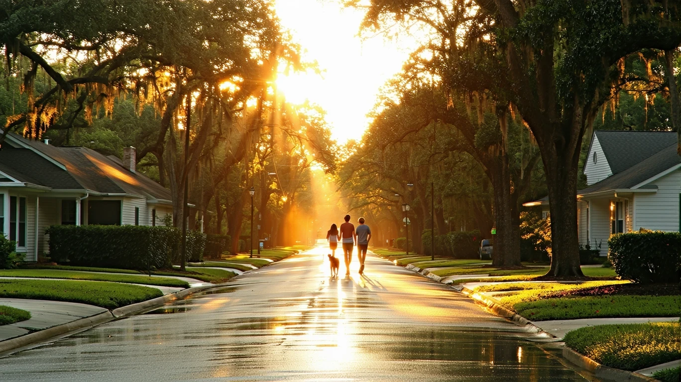 A couple walking their dog down a palm-lined street in Selma, Texas on a sunny afternoon after rain.