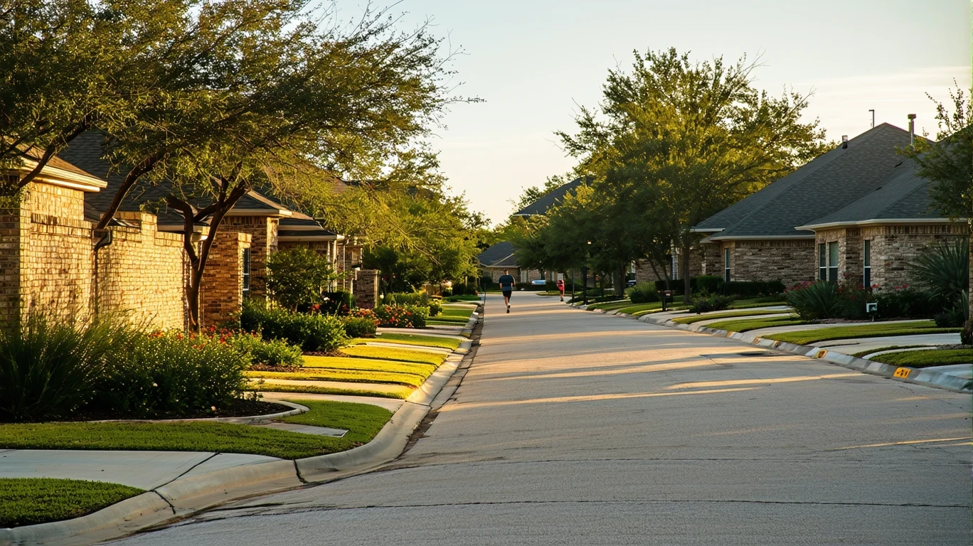 Quiet suburban cul-de-sac in Selma, TX with brick homes and native landscaping in morning light.