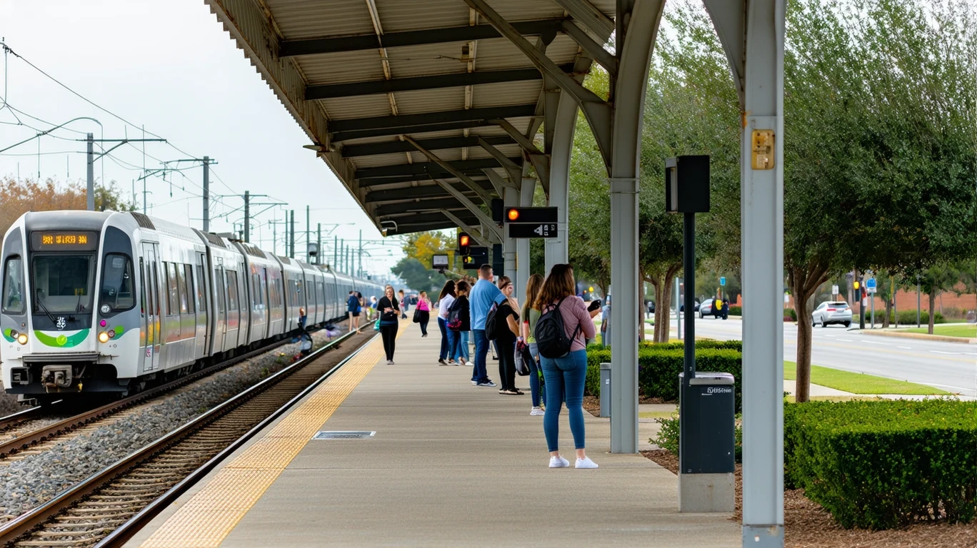 A light rail station platform in Selma, TX with a few waiting passengers under overcast skies.