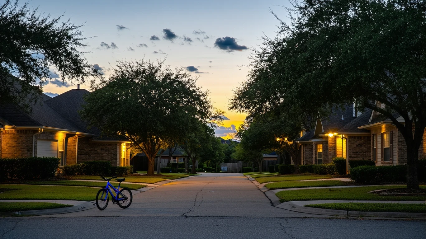 A quiet cul-de-sac in Selma, TX at dusk, with porch lights illuminating the homes and a child's bicycle near the curb.
