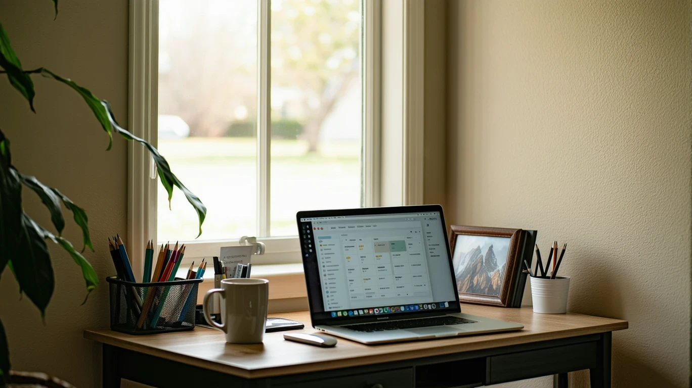 A tidy home office desk with a laptop open to a budgeting app and a coffee mug.