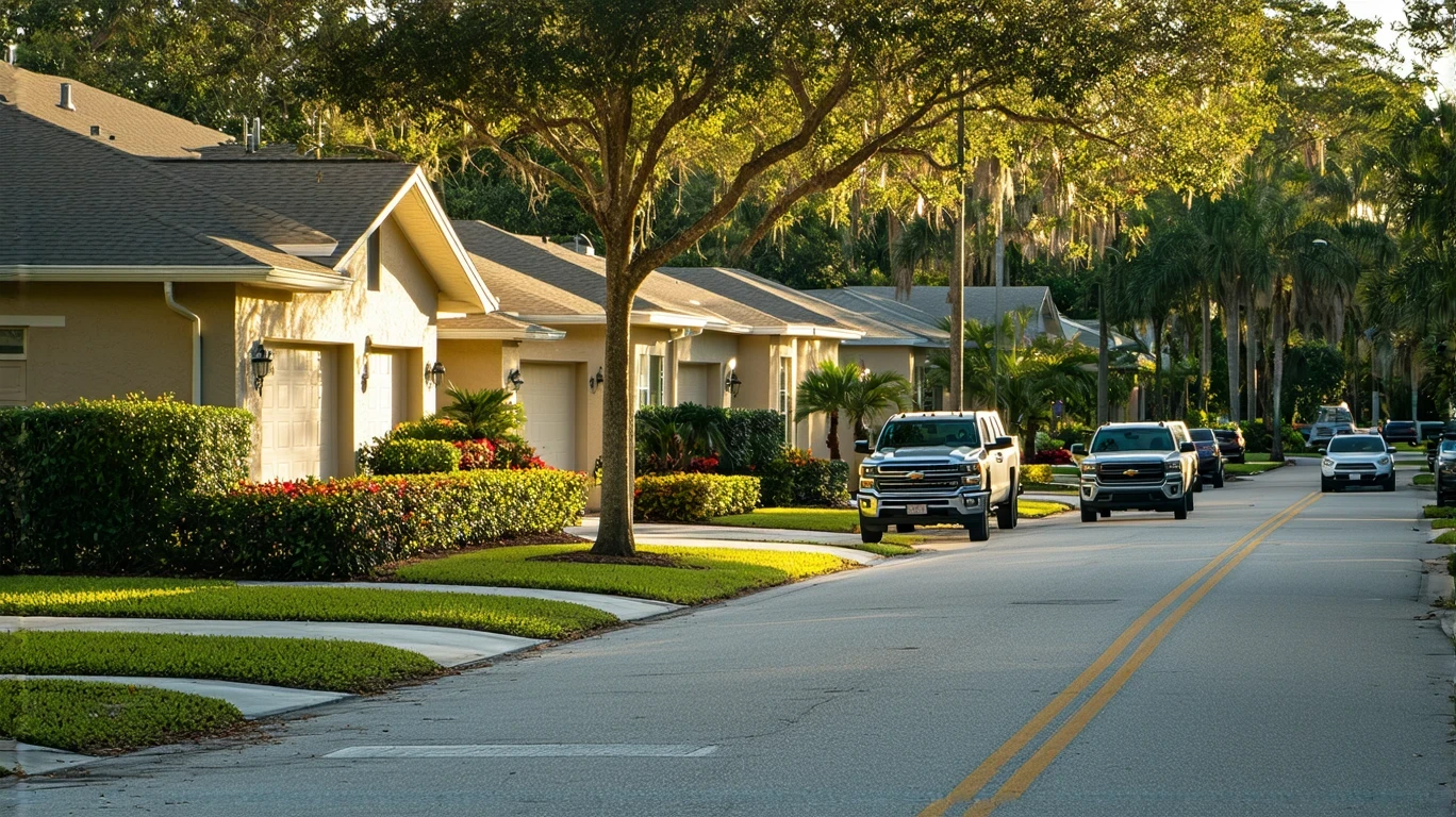 Quiet suburban street in Seminole, Florida with stucco homes and tidy yards on a sunny day.