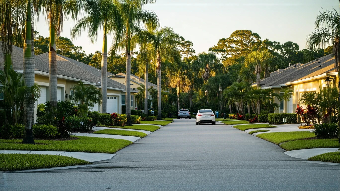 Sunny suburban street in Seminole, Florida with two stucco homes, landscaping, and a parked car.