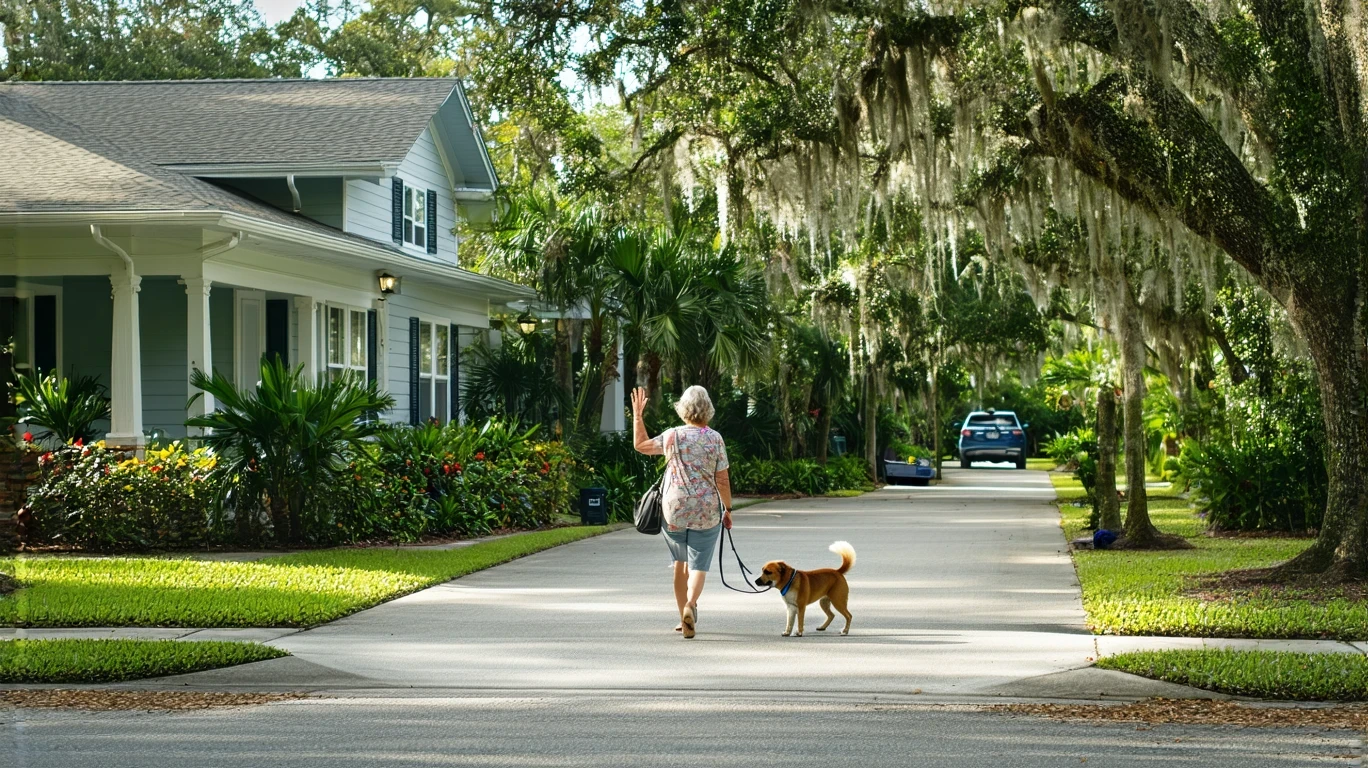 A woman walks her dog on a sidewalk in a quiet Seminole neighborhood, waving to a neighbor watering plants in their yard.