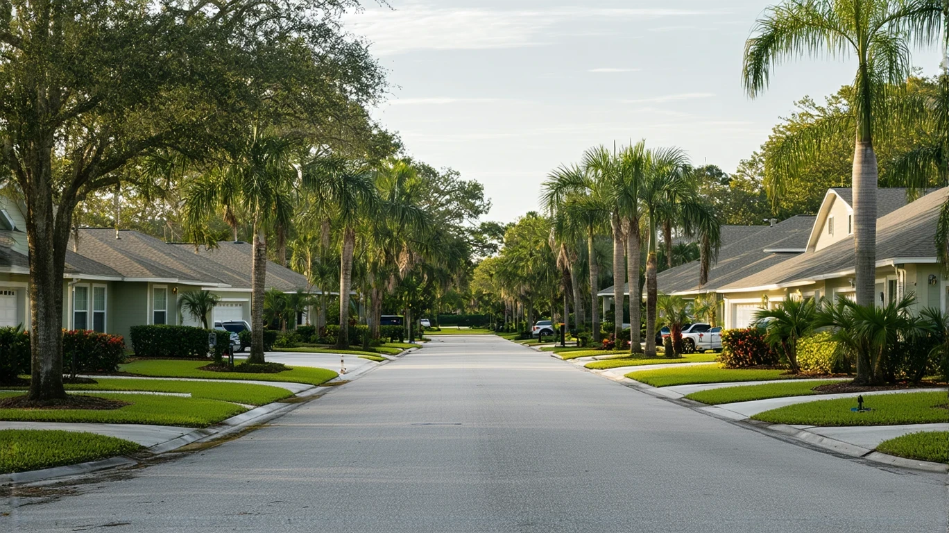 A peaceful street in Seminole, Florida lined with ranch and craftsman style homes, tidy yards, and palm trees