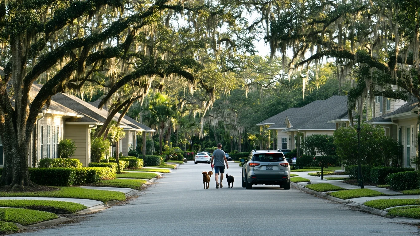 Quiet suburban street in Seminole, Florida with craftsman-style homes, oak trees, and a couple walking their dog on the sidewalk.