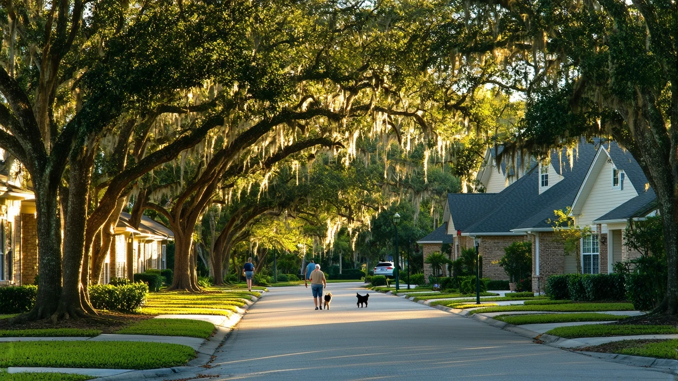 Sidewalk curving through a tree-lined Seminole neighborhood with houses visible through the leaves.