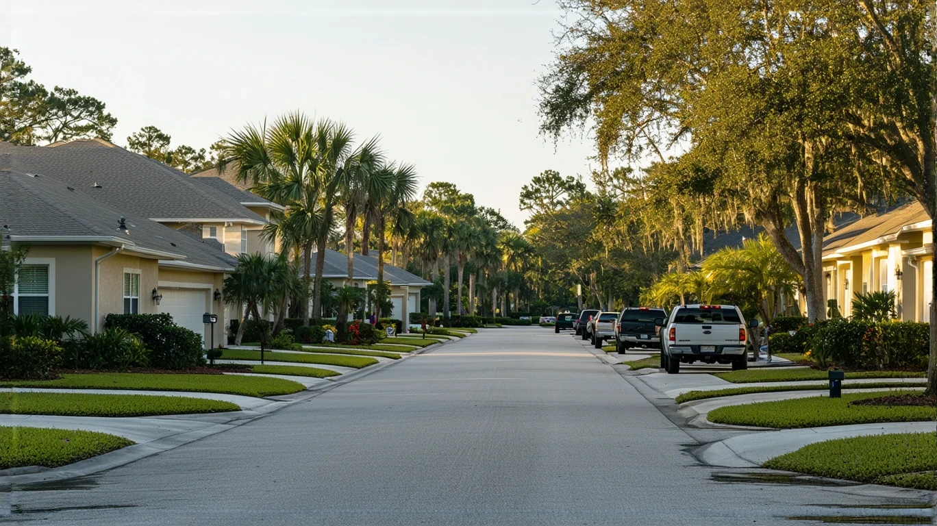 A suburban street in Seminole, Florida lined with single-family homes and small apartment buildings, with a few cars and people visible on a sunny day.