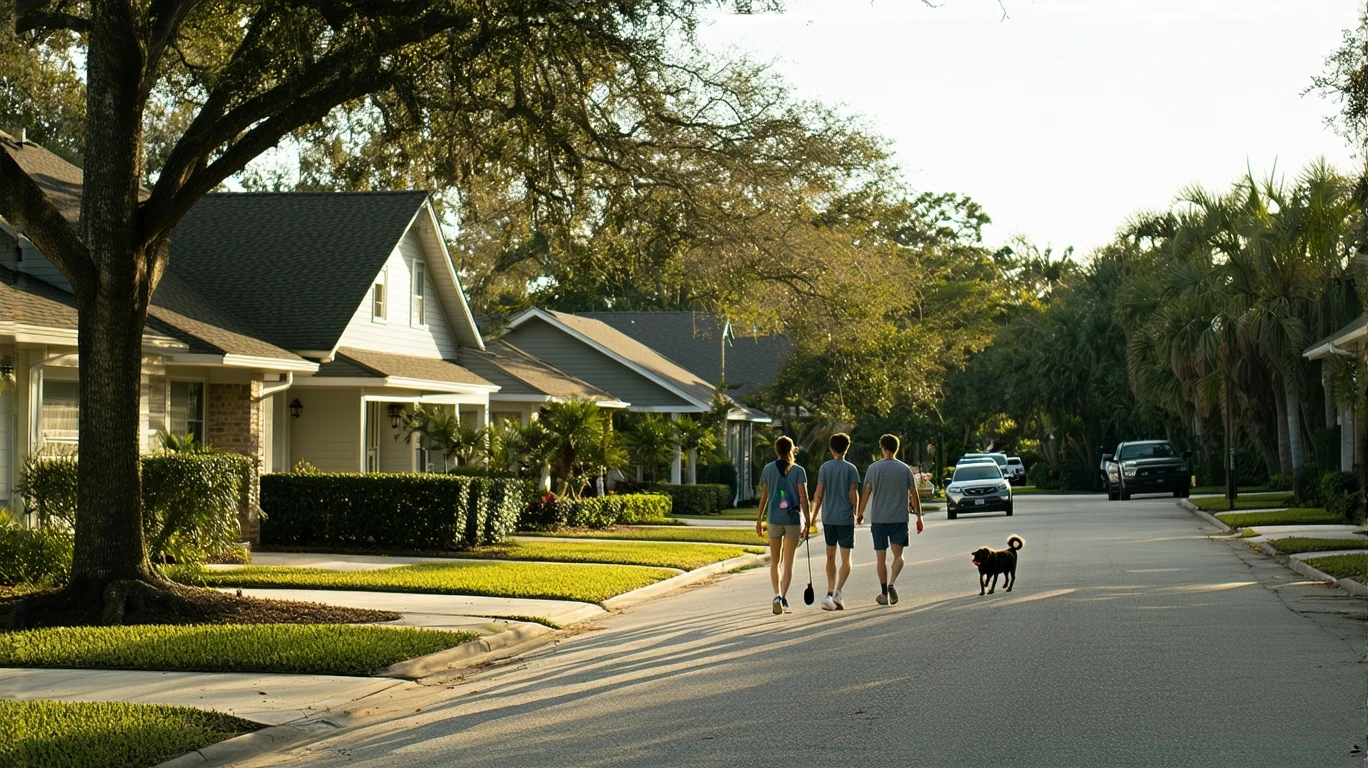 A sunny suburban street in Seminole, FL with two single-family homes and a couple walking their dog on the sidewalk.