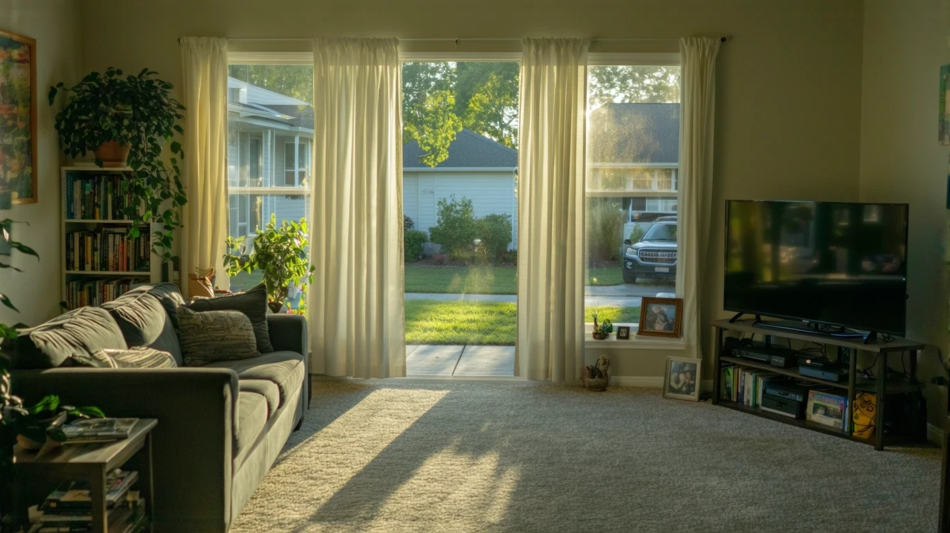 A cozy living room with a couch and bookshelf, illuminated by soft natural light from a large window.