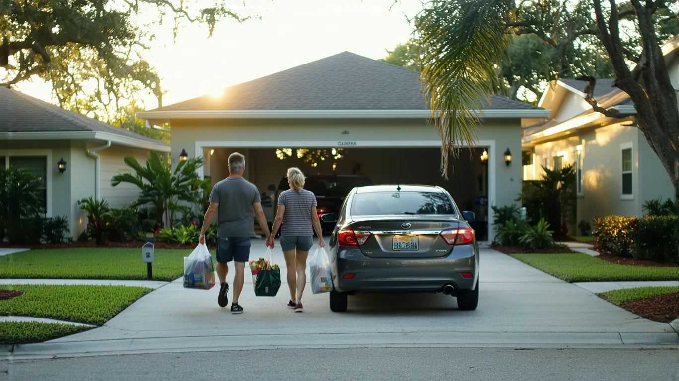 A couple unloading groceries from their car in the driveway of a craftsman home in Seminole, Florida