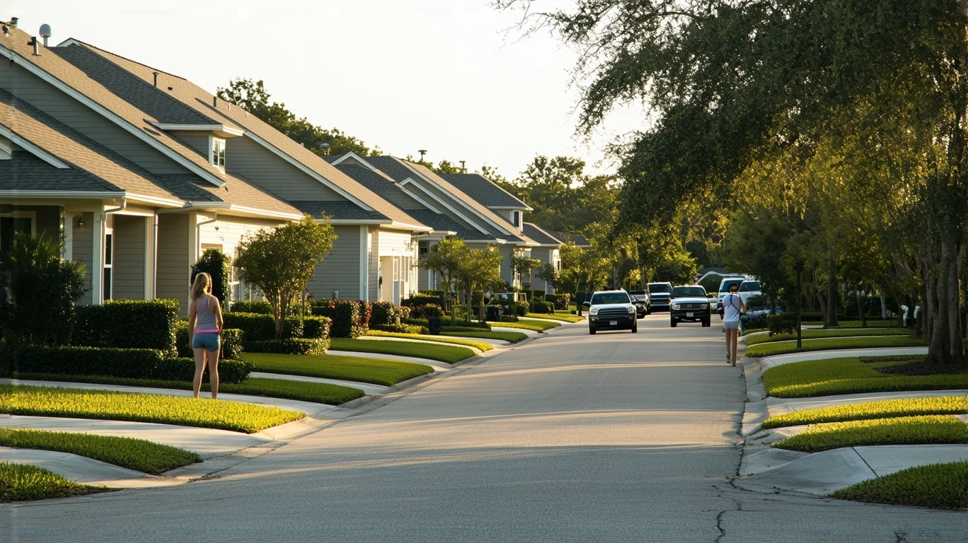 A sunny suburban street in Seminole, Florida with modest homes and a woman walking on the sidewalk.