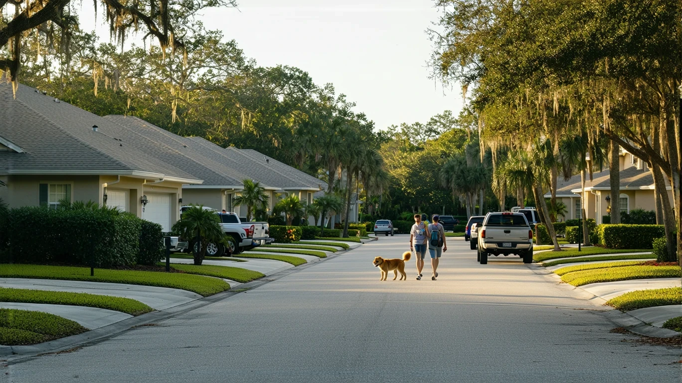 A couple walking their dog on a sidewalk in a modest residential neighborhood in Seminole, Florida.