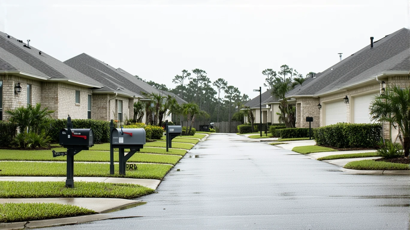 A residential sidewalk curving past a cluster of mailboxes in Seminole, Florida on an overcast day.