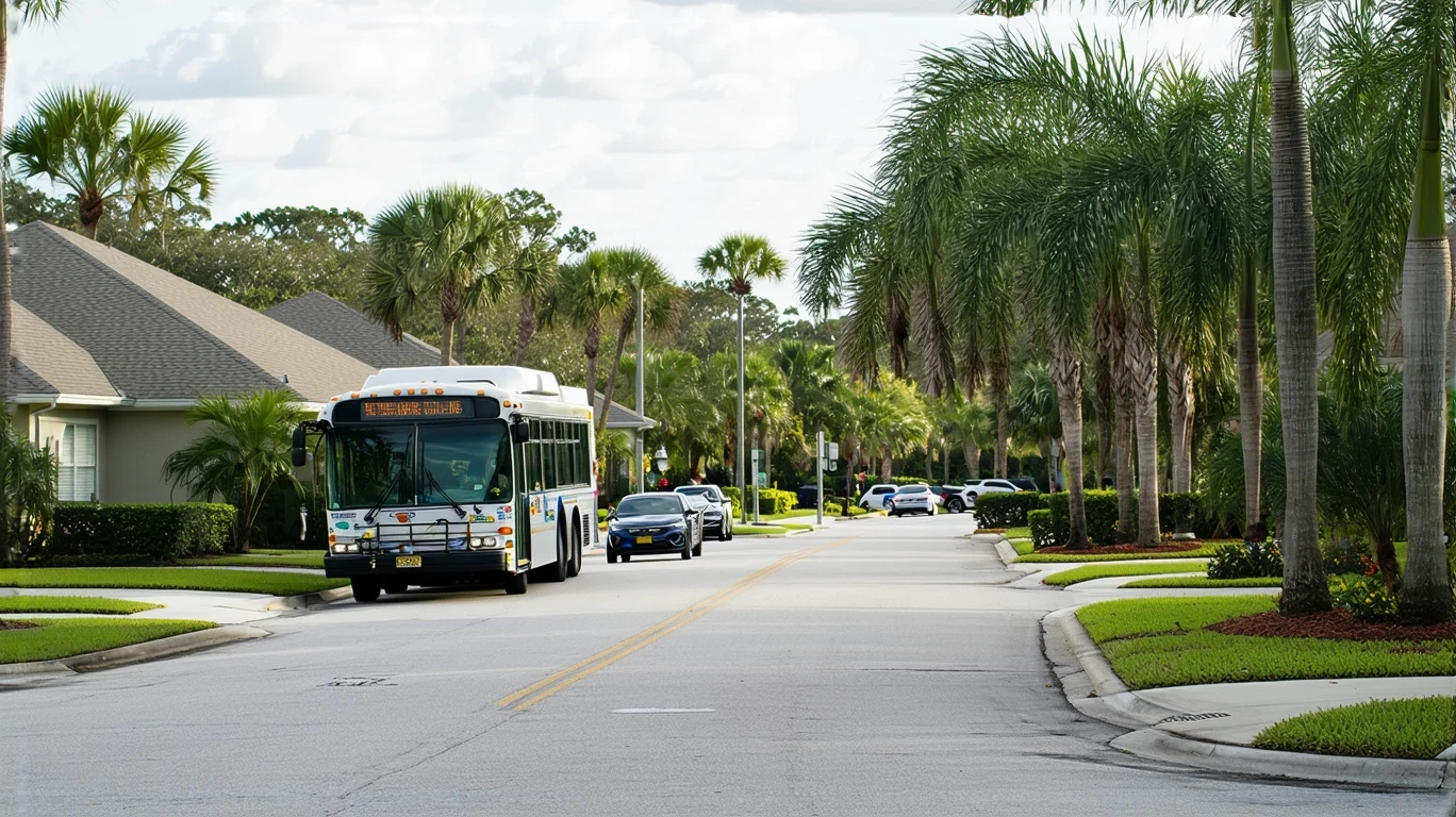 A PSTA bus stopped at a suburban bus stop in a residential Seminole neighborhood on a sunny day.