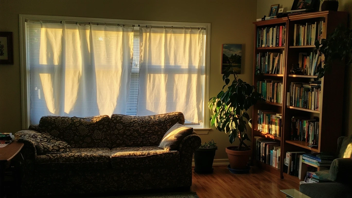 A cozy living room with a couch and bookshelf, illuminated by soft light through sheer curtains.