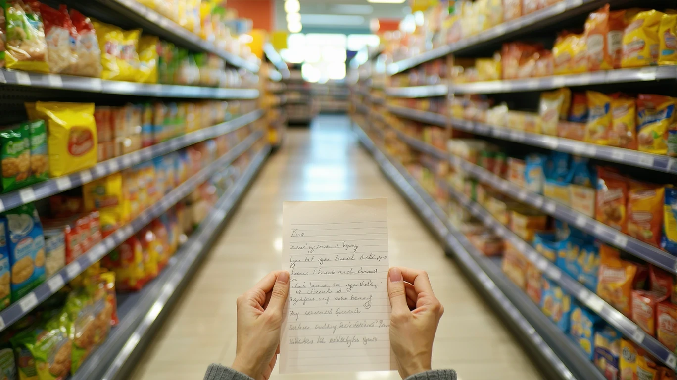 Hands holding a shopping list in front of shelves stocked with dry goods in a grocery store aisle.