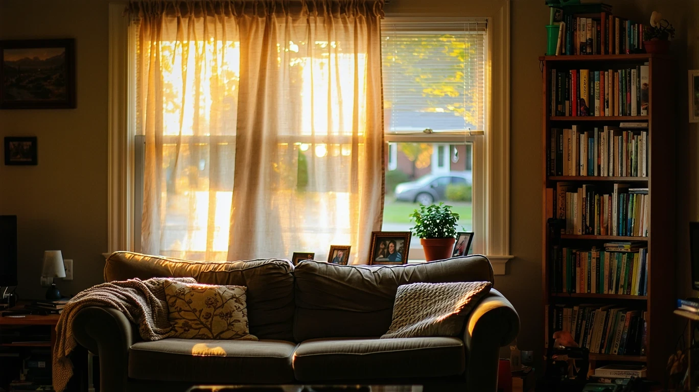 A sunlit living room with a couch, bookshelf, and family photos in a Shelbyville, Kentucky home.