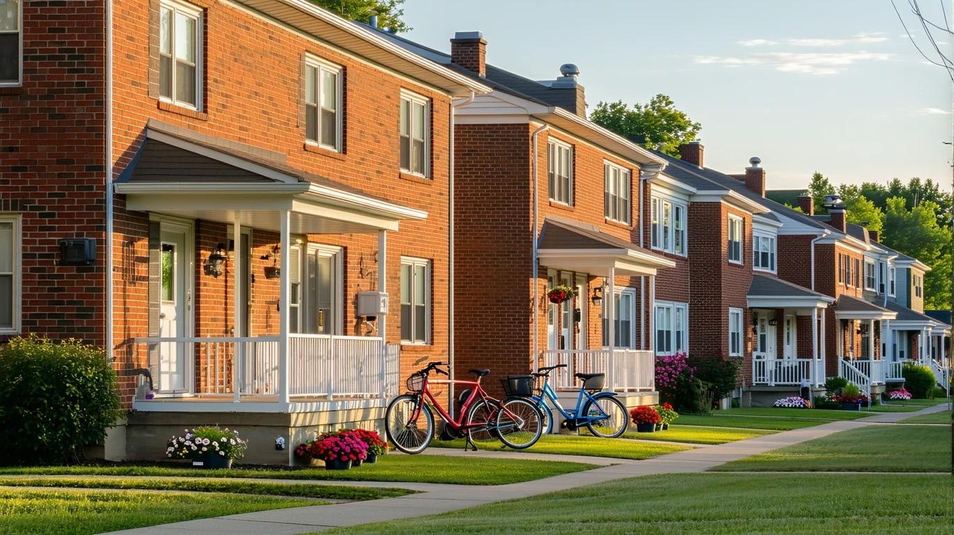 Row of red brick apartment buildings with potted plants and bicycles on the porches.
