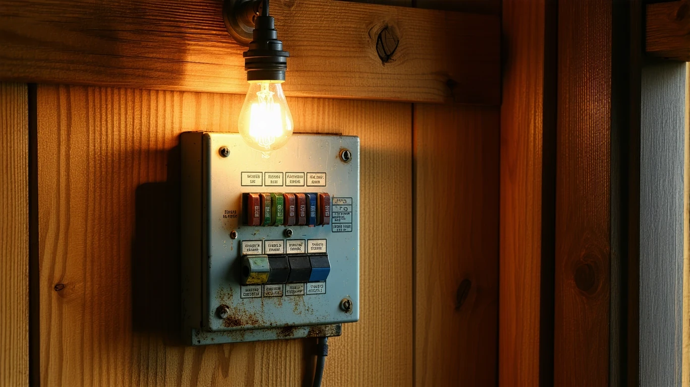 Close-up of an old fuse box on a wooden wall, lit by a flashlight.