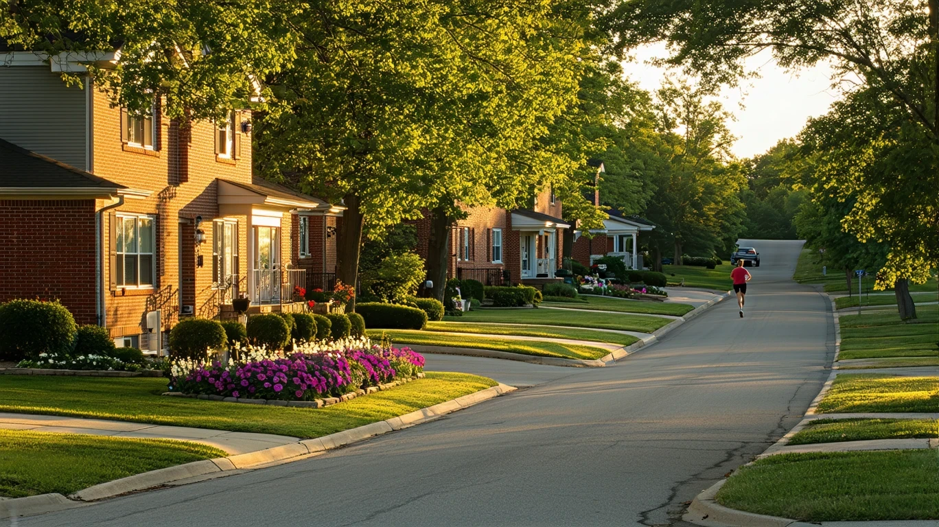 A quiet suburban cul-de-sac with brick homes, trees, and a jogger in the distance.