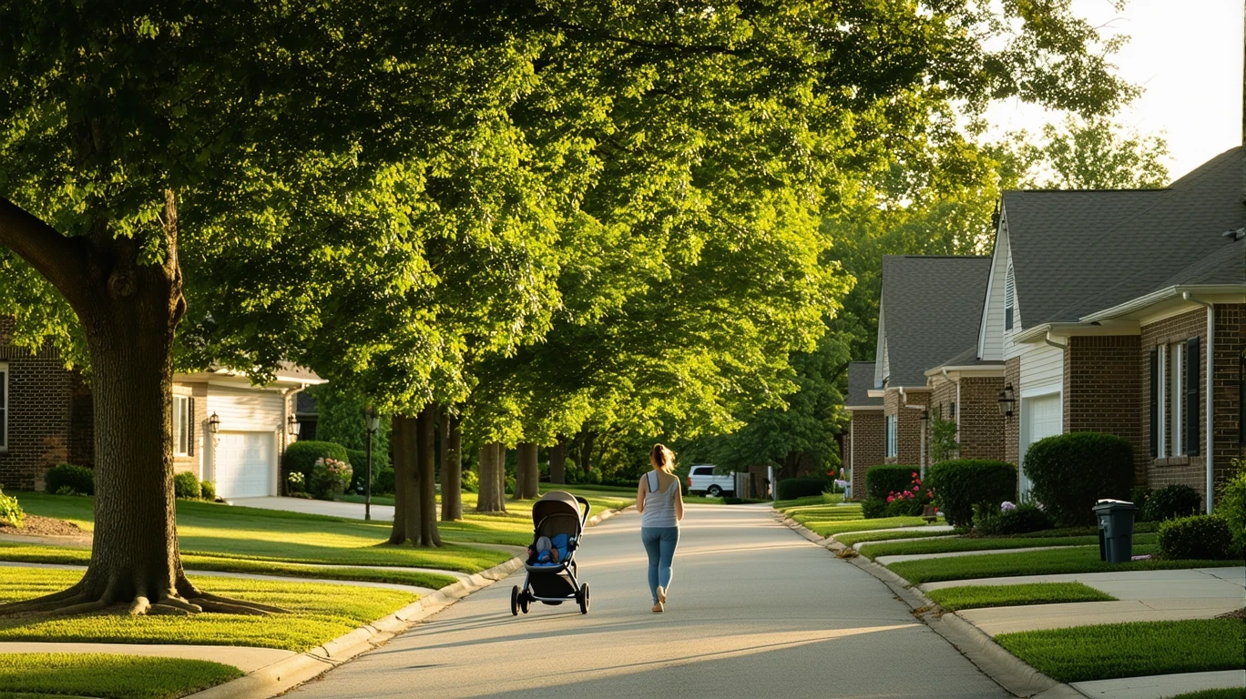 A tree-lined suburban street in Shelbyville with a woman pushing a stroller on the sidewalk.