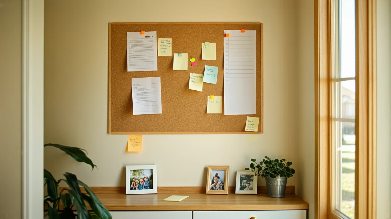 A corkboard with utility bills and a monthly budget pinned up in a home office nook.