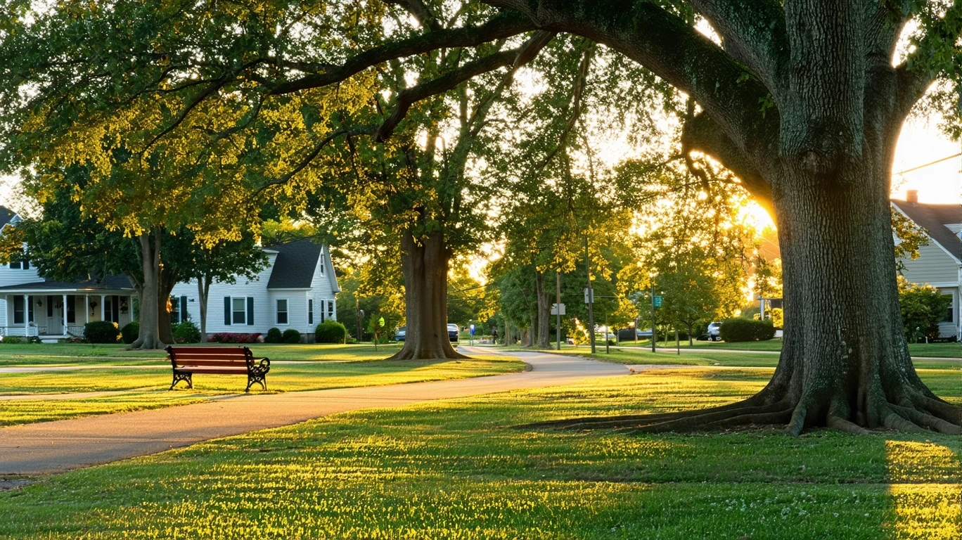 A tranquil park lawn with benches beneath oak trees in golden evening light, in a suburban Kentucky town.