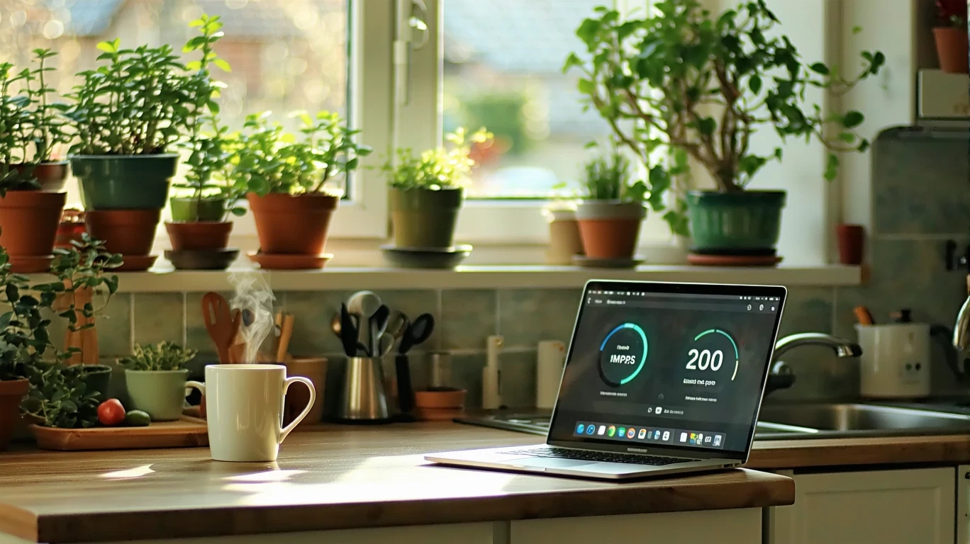 A laptop open to an internet speed test result next to a coffee mug on a kitchen table in morning light.