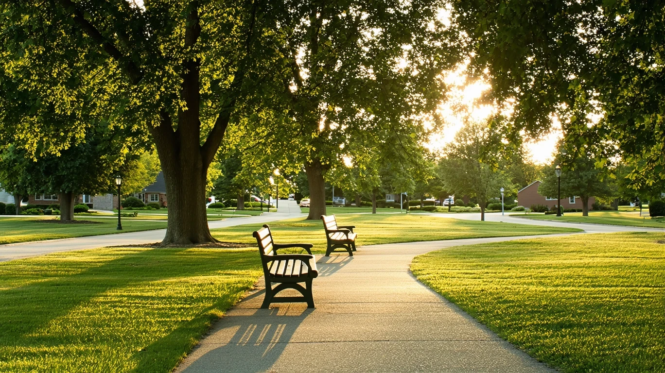 Shelbyville park with oak trees, empty benches, and golden-hour light on the lawn.