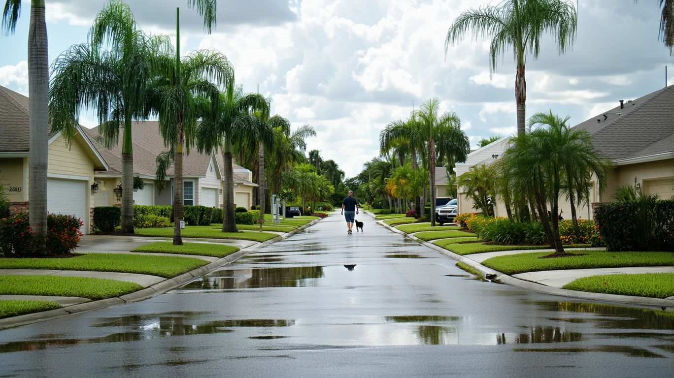A suburban avenue lined with palm trees after a rain shower, with puddles on the asphalt and a person walking their dog in the distance.