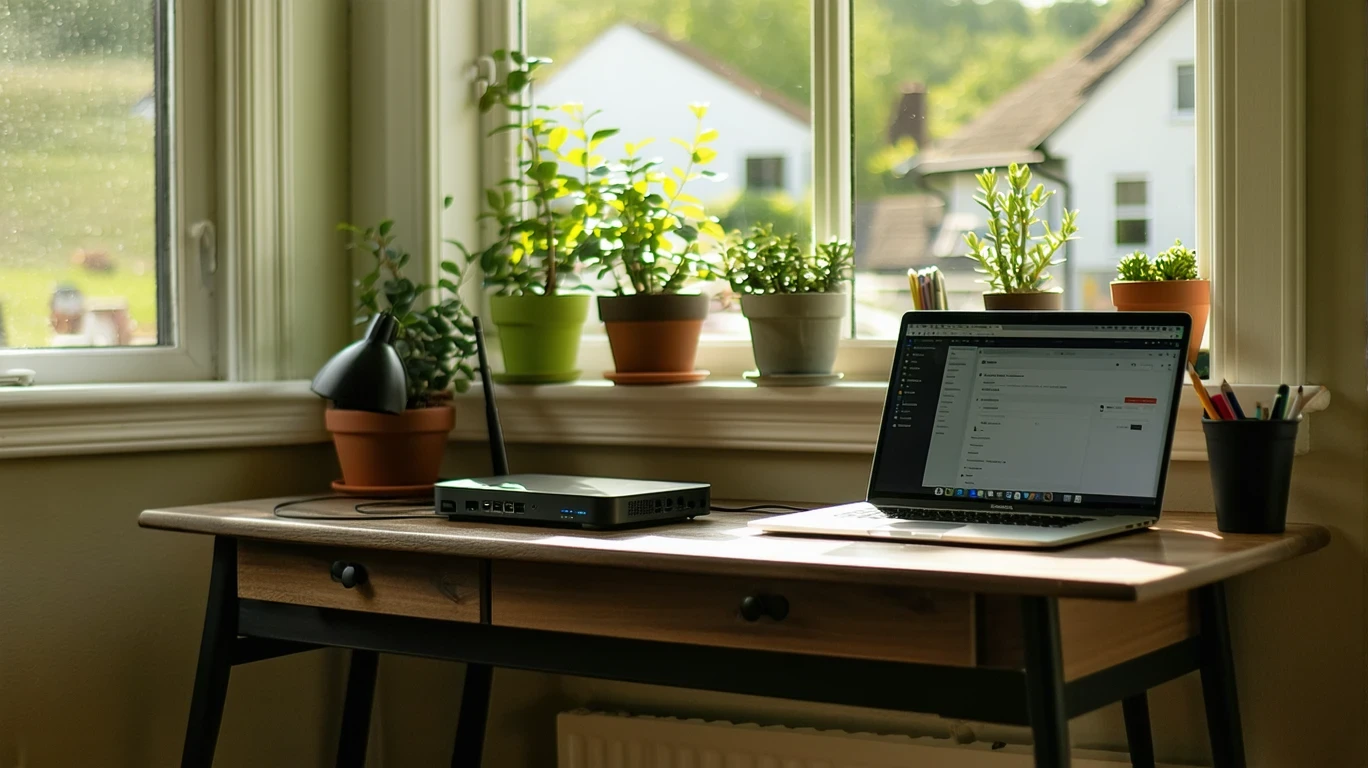 A home office nook with an ethernet cable connecting to a modem and router on a small desk with a laptop.