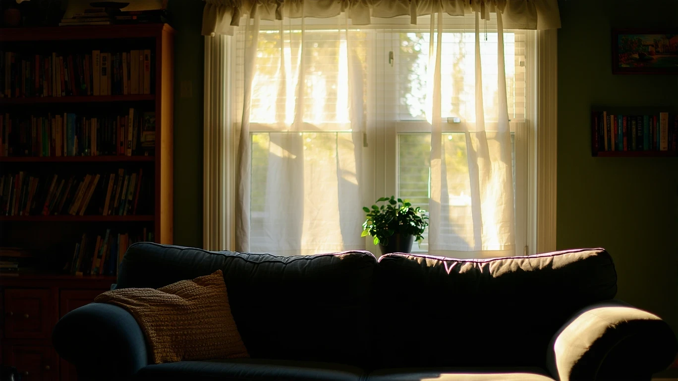 A sunlit living room with a couch, bookshelf, and sheer curtains in a suburban home.