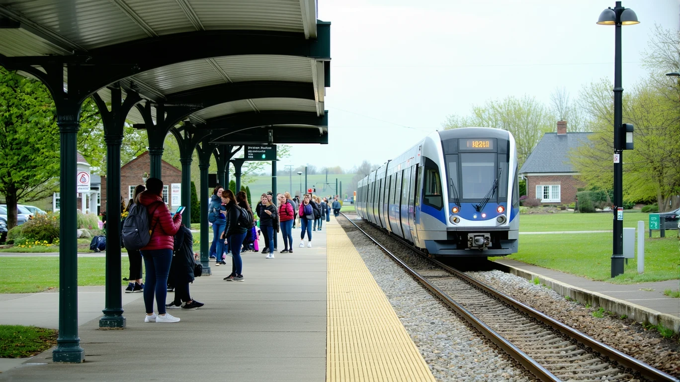 A light rail station platform in Shepherdsville, KY with a few waiting commuters and students.