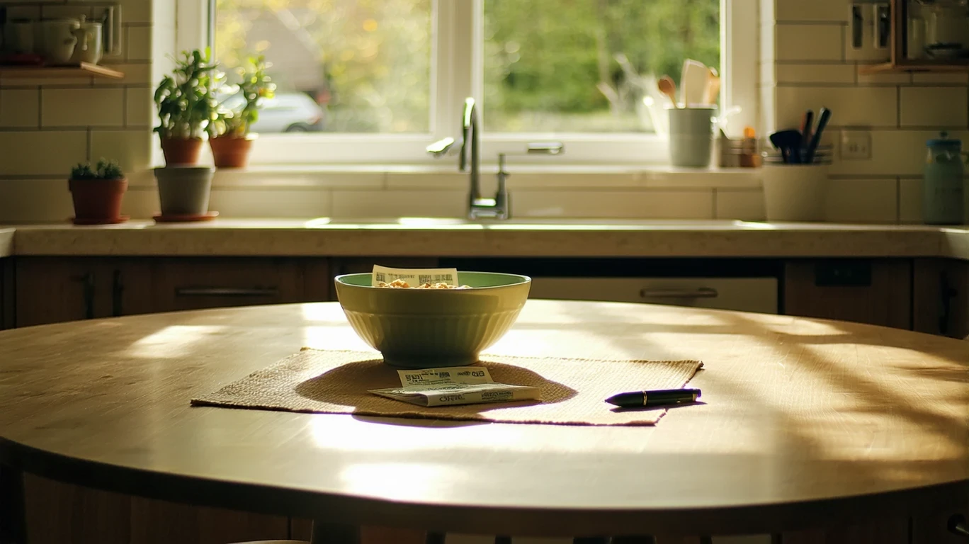A kitchen table with a bowl of cereal, paycheck stub, and pen on a placemat, with a suburban kitchen visible in the background.