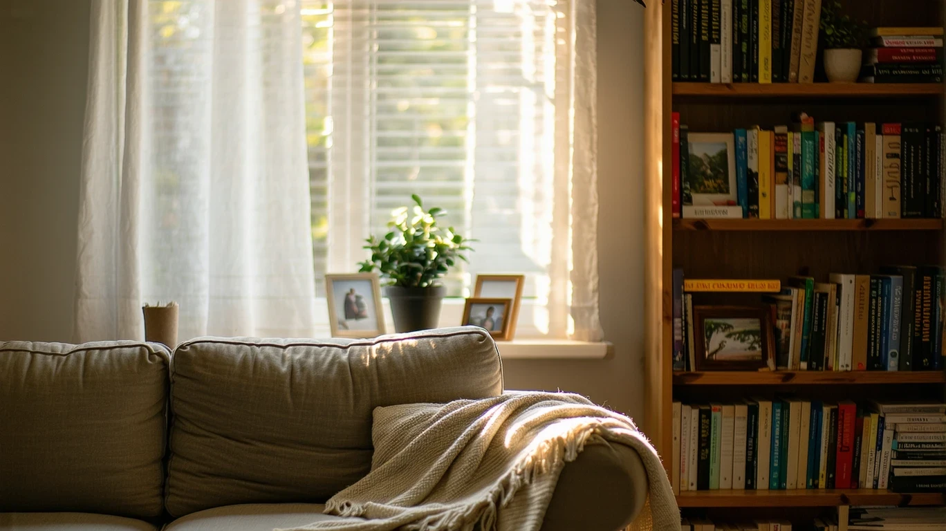 A cozy living room illuminated by soft, filtered light, with a beige couch and wooden bookshelf.