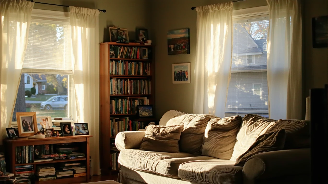 A sunlit living room with a couch and bookshelf in a home in Shepherdsville, Kentucky.