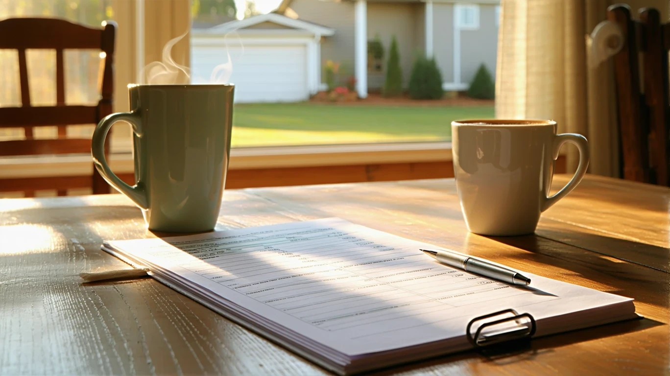 A utility bill, pen, and notepad on a kitchen table in a home, with a backyard visible through a window.