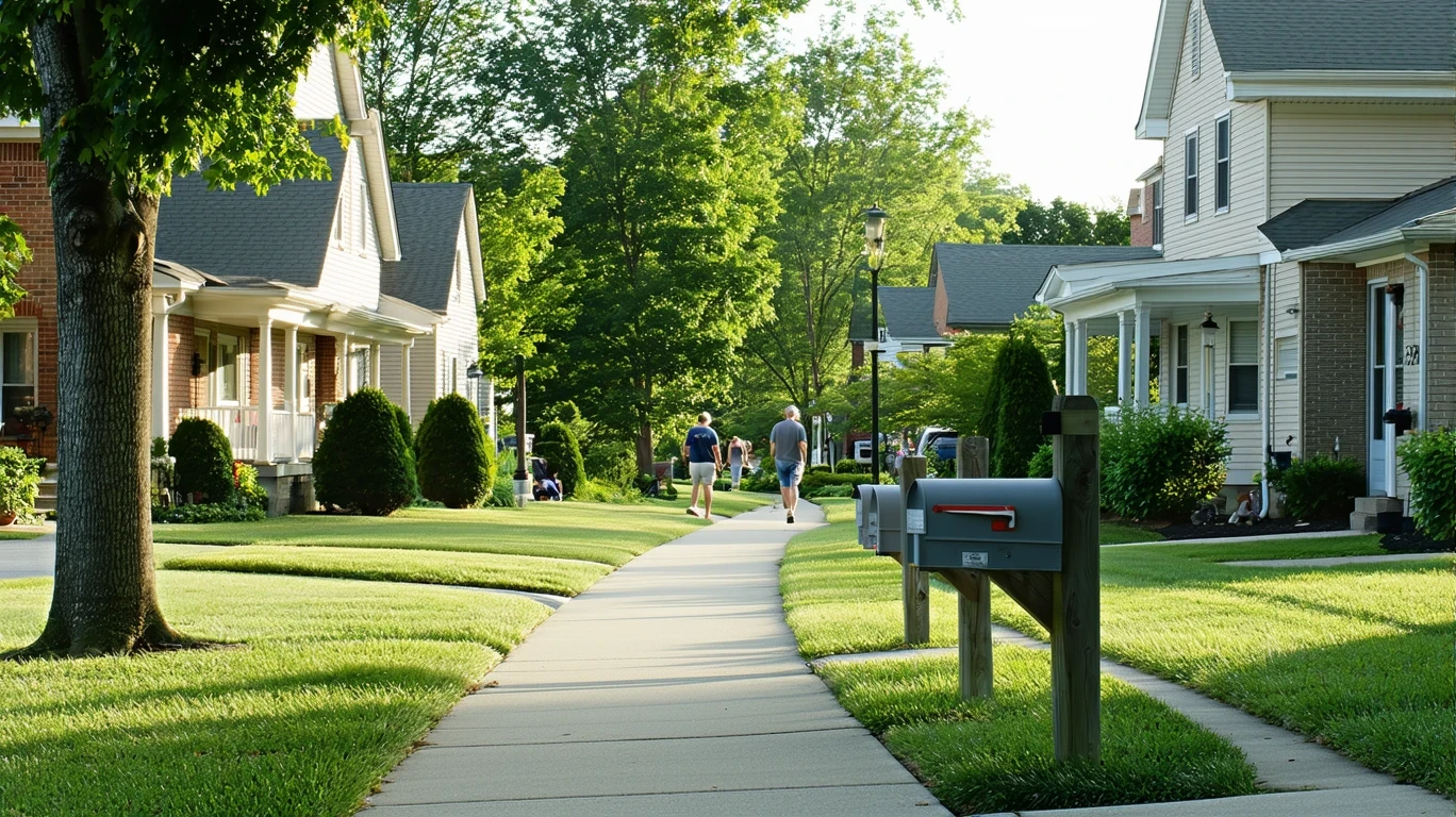 A sunny suburban street in Shepherdsville with mailboxes lining a sidewalk in front of well-kept homes.