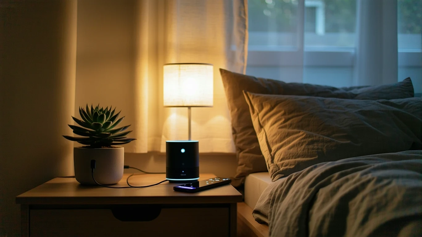 A nightstand with a remote, smartphone, and smart speaker under a reading light.