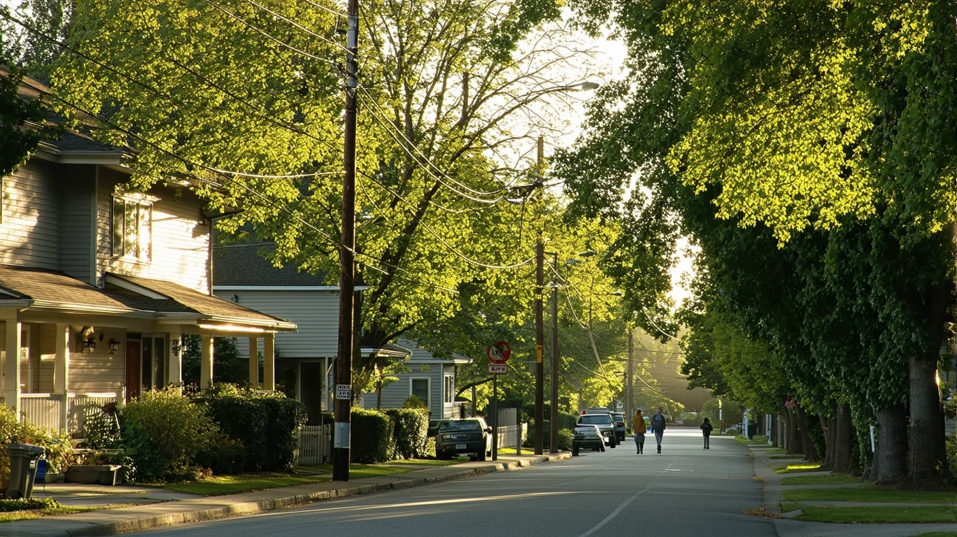 Quiet suburban street in Sherwood, Oregon with sunlight filtering through maple trees onto sidewalks and one-story homes.