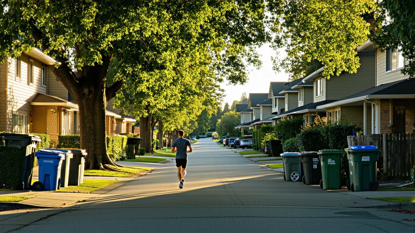 Tree-lined suburban street with red-brick homes and a jogger on a clear morning.