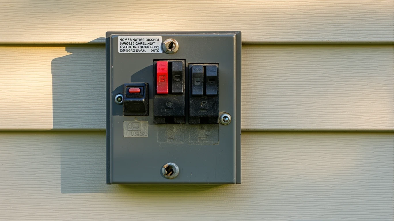 Close-up of a fuse box with labeled switches, lit by a flashlight on a ledge.